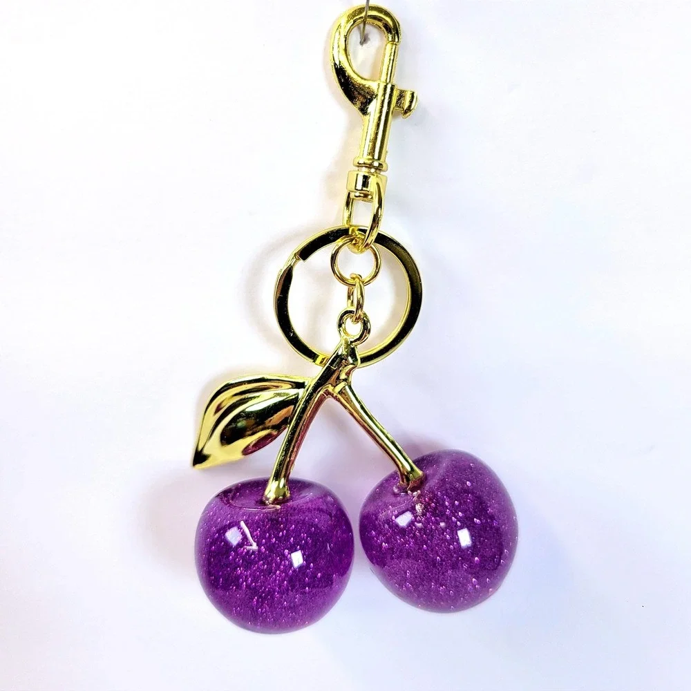 Bag Charm Keychain Glitter Cherry Gold Tone Purple Women Fun Retro Cherries